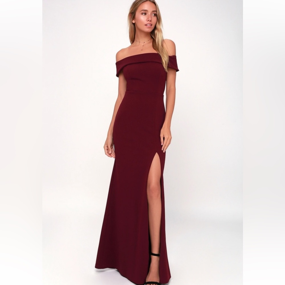 Lulus Aveline Burgundy off the shoulder dress